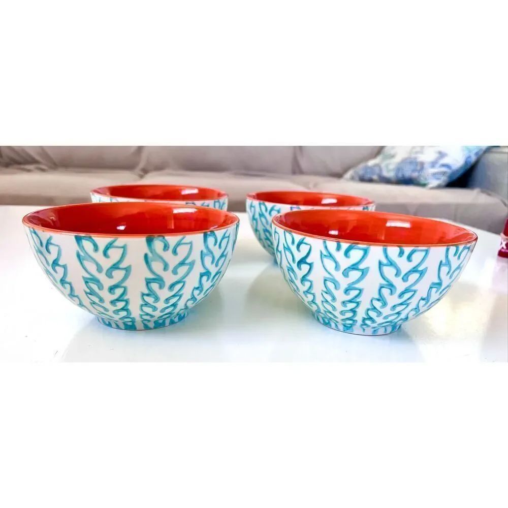 BAUM TANGIER 4- Soup Bowls Turqoise Orange Stoneware Dinnerware Discontinued